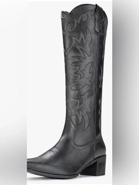 Black Leather Embroidered Cowboy Boot - Picture 2 of 12